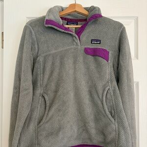 Patagonia Gray Fleece Pullover with Purple Trim - Women's Crew